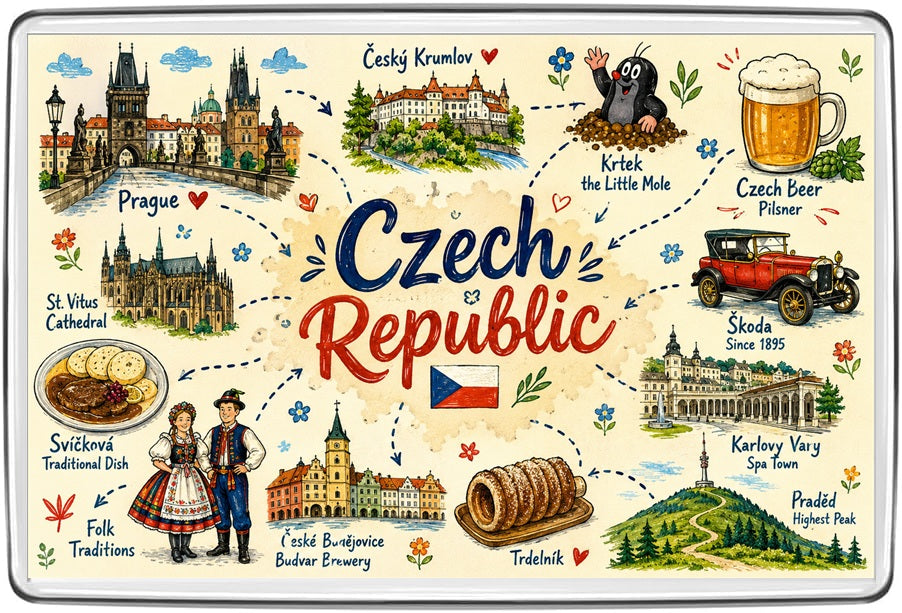 Czech Republic illustrated map fridge magnet with Prague, Český Krumlov, pilsner beer and Czech traditions