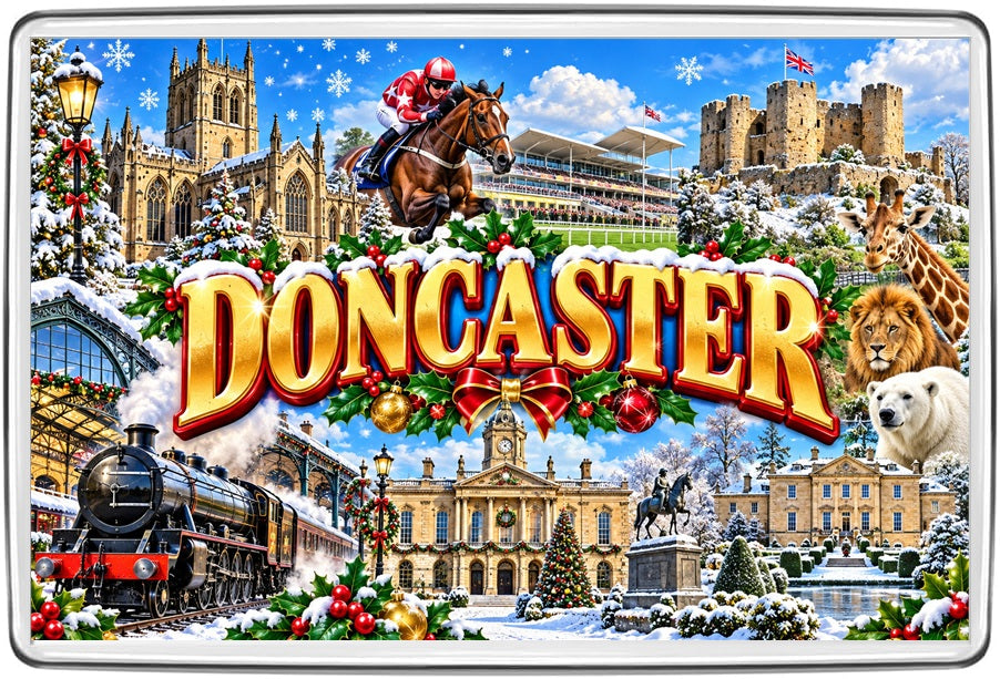 Doncaster Christmas collage magnet featuring Doncaster Minster, racecourse, Conisbrough Castle, steam railway and wildlife