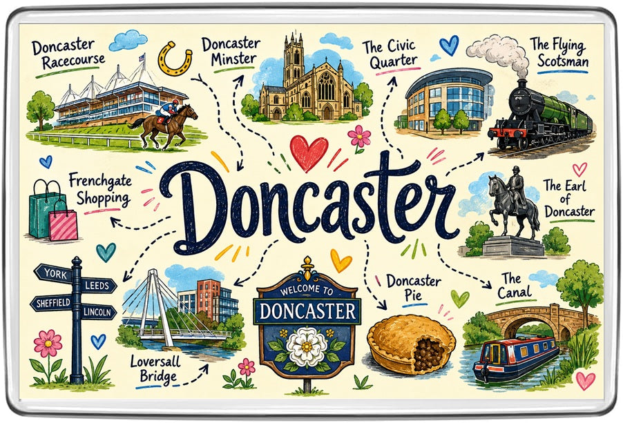 Doncaster illustrated map magnet showing racecourse, Doncaster Minster, Civic Quarter, Flying Scotsman, Earl of Doncaster statue and canal