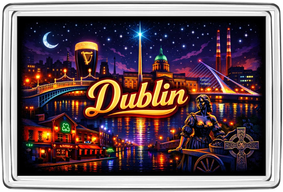 Alternate-framed Dublin neon fridge magnet featuring bridges, Guinness pint, Molly Malone statue and river reflections