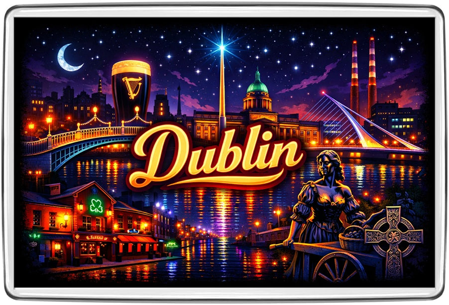 Dublin Ireland neon night magnet featuring Ha'penny and Samuel Beckett bridges, Guinness, Molly Malone and Poolbeg chimneys