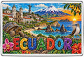 Ecuador mosaic magnet with Andean volcano, colonial cathedral, Galápagos tortoise and blue-footed booby