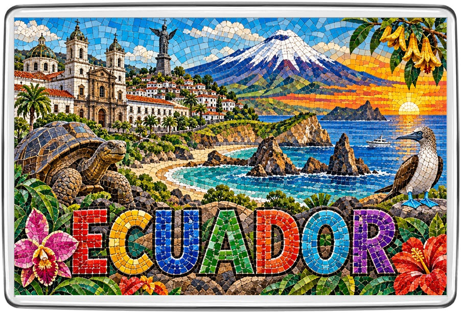 Ecuador mosaic magnet with Andean volcano, colonial cathedral, Galápagos tortoise and blue-footed booby