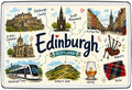 Edinburgh Scotland illustrated map magnet with Edinburgh Castle, Scott Monument, Royal Mile, St Giles Cathedral, Arthur's Seat, bagpipes and tartan