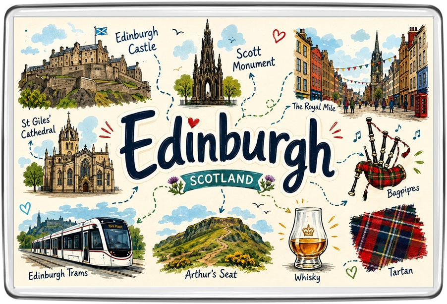 Edinburgh Scotland illustrated map magnet with Edinburgh Castle, Scott Monument, Royal Mile, St Giles Cathedral, Arthur's Seat, bagpipes and tartan