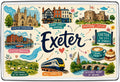 Exeter Devon illustrated map fridge magnet with cathedral, Gandy Street, Rougemont Castle, quayside and cream tea