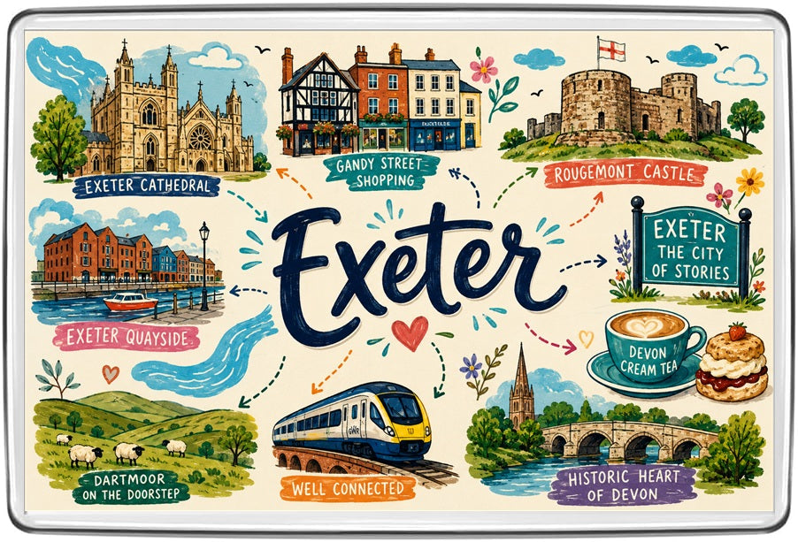 Exeter Devon illustrated map fridge magnet with cathedral, Gandy Street, Rougemont Castle, quayside and cream tea