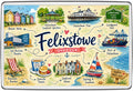 Felixstowe Suffolk illustrated map fridge magnet with beach huts, pier, Landguard Fort, Spa Pavilion, Seafront Gardens, harbour and sailboat
