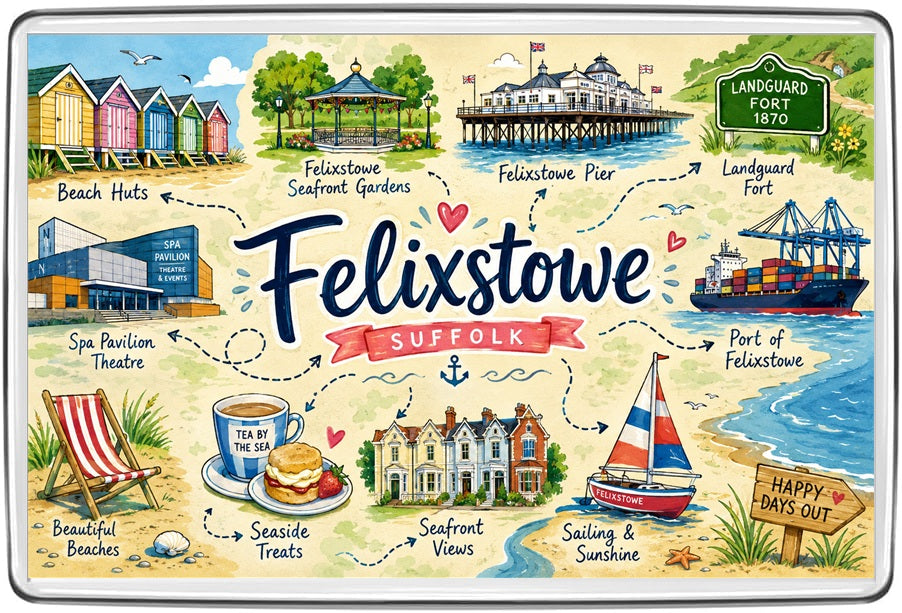 Felixstowe Suffolk illustrated map fridge magnet with beach huts, pier, Landguard Fort, Spa Pavilion, Seafront Gardens, harbour and sailboat