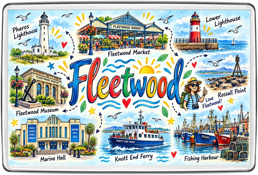 Fleetwood illustrated map magnet with Pharos and Lower Lighthouses, Fleetwood Market, Rossall Point, Fleetwood Museum, Marine Hall and Knott End Ferry
