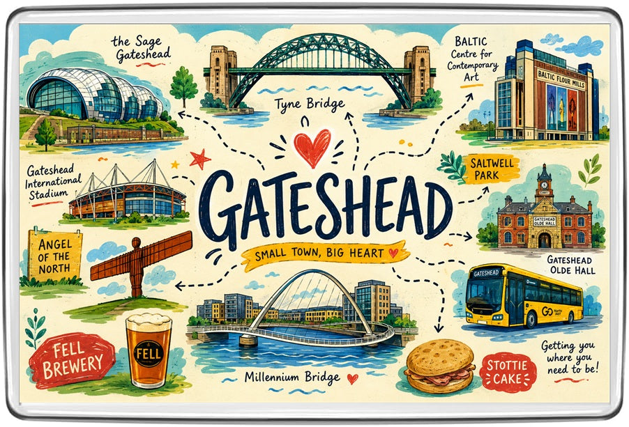 Gateshead illustrated map magnet with Angel of the North, Tyne Bridge, Millennium Bridge, BALTIC, Sage Gateshead, Saltwell Park and stottie cake