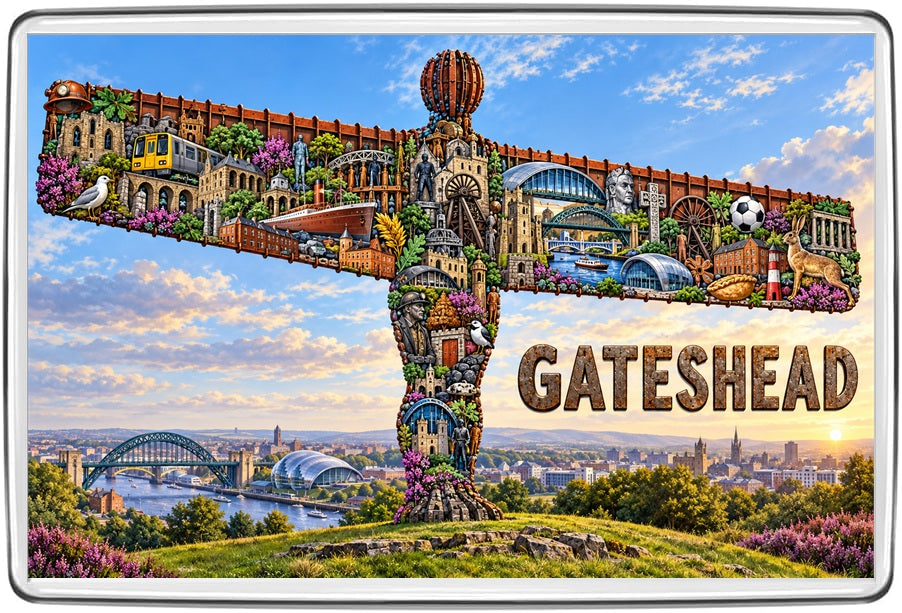 Gateshead landmark icons illustrated acrylic fridge magnet featuring Tyne and Wear destination art