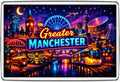 Greater Manchester neon magnet with worker bee Metrolink tram skyline and buildings