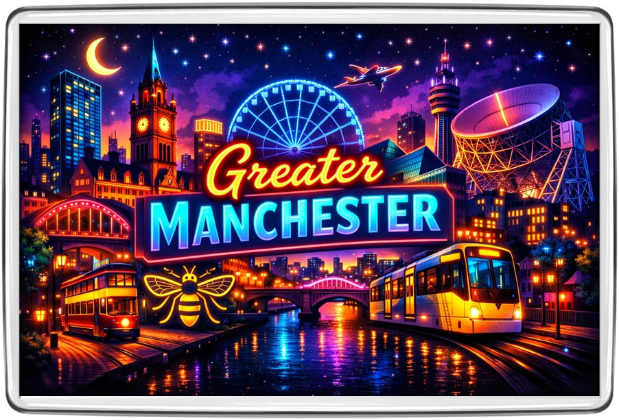 Greater Manchester neon magnet with worker bee Metrolink tram skyline and buildings