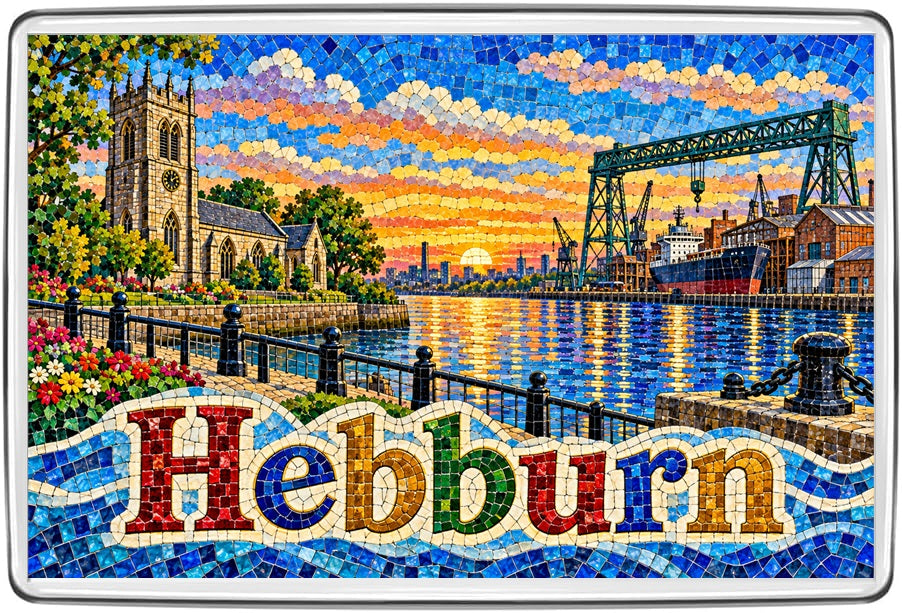 Hebburn mosaic fridge magnet artwork, colourful travel souvenir
