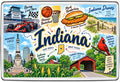 Indiana illustrated map fridge magnet with Indianapolis Motor Speedway, basketball, Indiana Dunes, Monument Circle and covered bridge