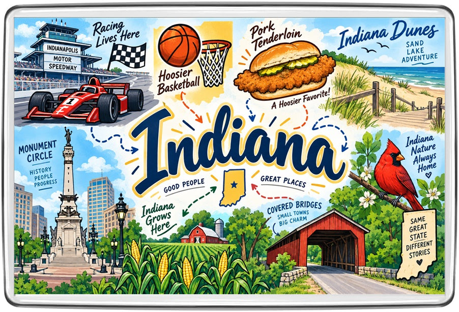 Indiana illustrated map fridge magnet with Indianapolis Motor Speedway, basketball, Indiana Dunes, Monument Circle and covered bridge