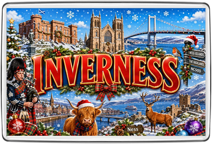 Inverness Christmas Fridge Magnet – Festive Scottish Highlands Travel Gift design