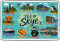Isle of Skye Scotland illustrated travel magnet featuring Old Man of Storr, Cuillin mountains, Portree harbour, Kilt Rock, highland cow, puffin, Eilean Donan Castle and ferries