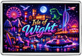 Isle of Wight neon magnet with colourful seaside attractions, lighthouse, dinosaur, boat and island harbour