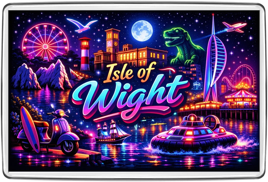 Isle of Wight neon magnet with colourful seaside attractions, lighthouse, dinosaur, boat and island harbour