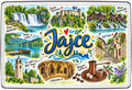 Jajce illustrated map showing Pliva Waterfall and Lakes, medieval Jajce Fortress, Pliva watermills, old town, St Luke’s bell tower and catacombs
