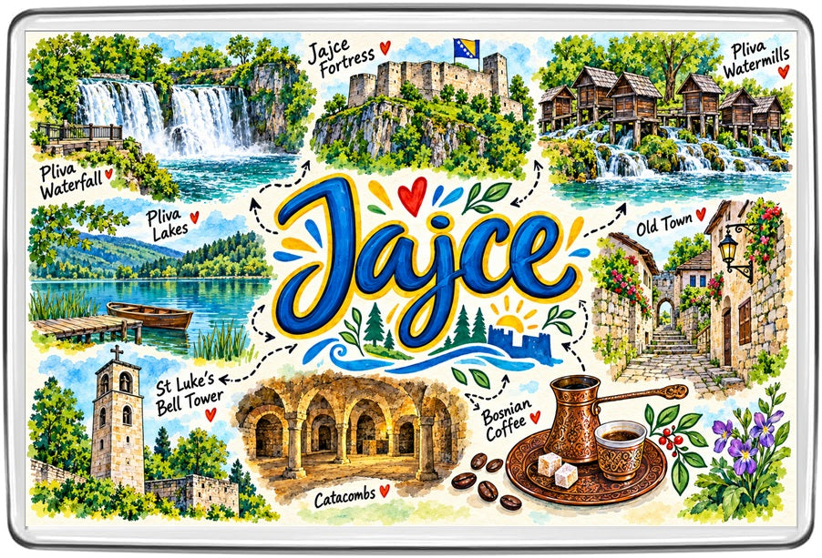 Jajce illustrated map showing Pliva Waterfall and Lakes, medieval Jajce Fortress, Pliva watermills, old town, St Luke’s bell tower and catacombs