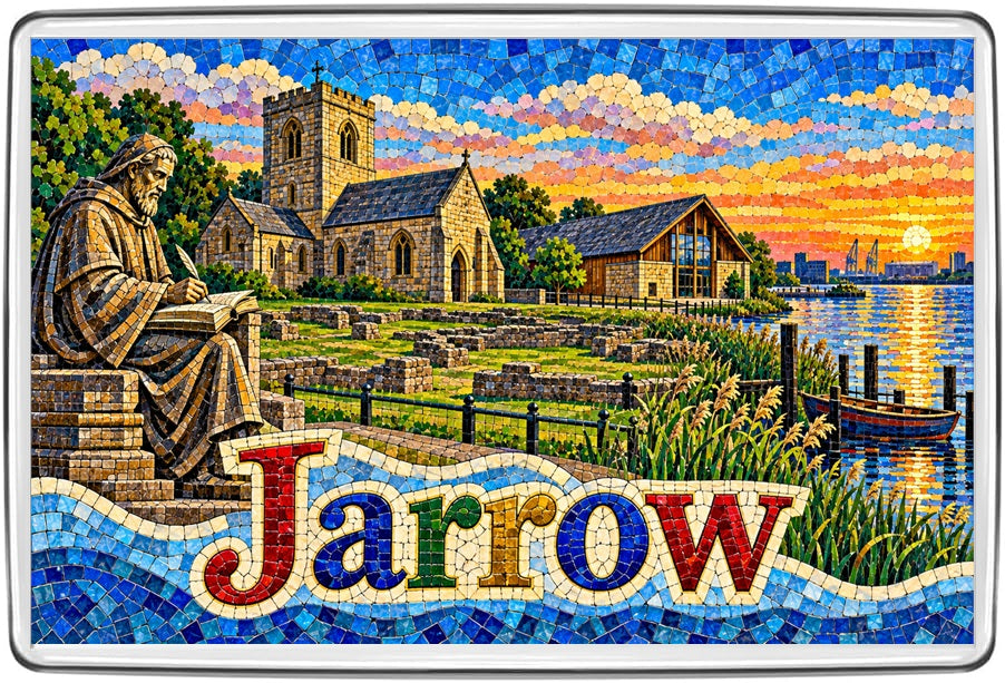 Jarrow Tyne and Wear mosaic magnet with monk figure, St Paul's Church, historic ruins and waterfront