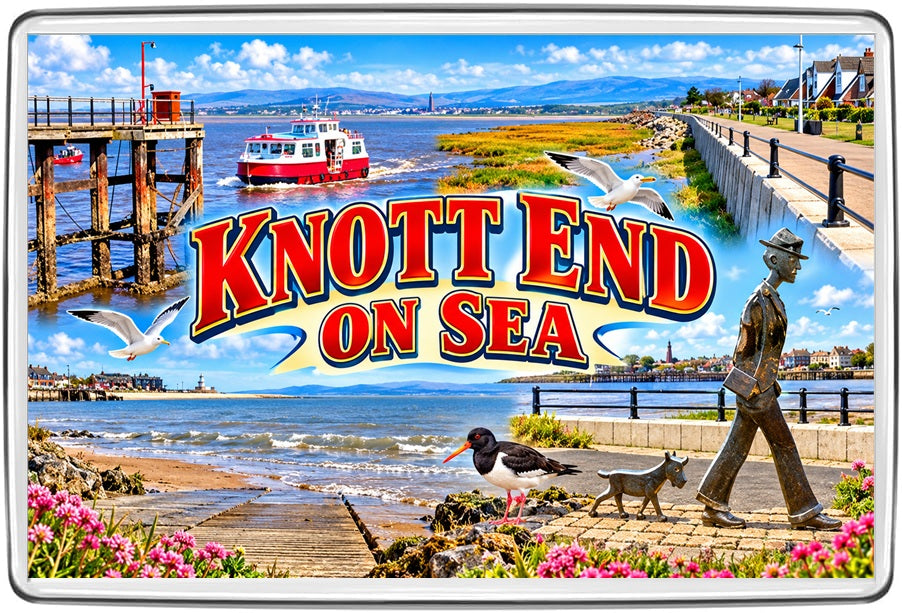 Knott End-on-Sea illustrated souvenir illustrated acrylic fridge magnet featuring Lancashire destination art
