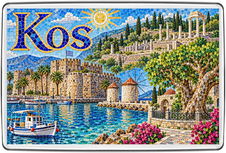 Kos Greece mosaic fridge magnet with castle walls, harbour boats, traditional windmills and classical ruins
