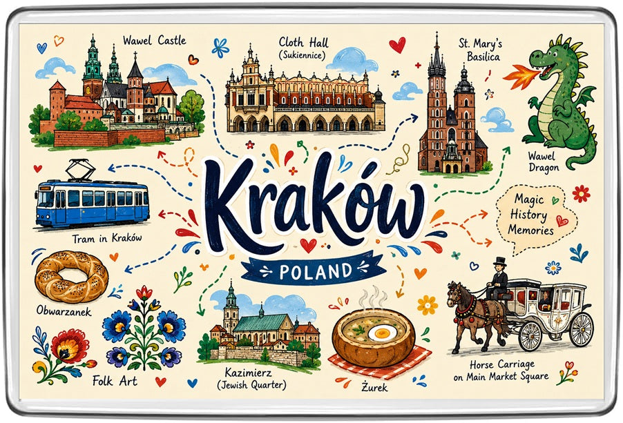 Kraków Poland Illustrated Map Fridge Magnet – Wawel Castle & Cloth Hall Gift