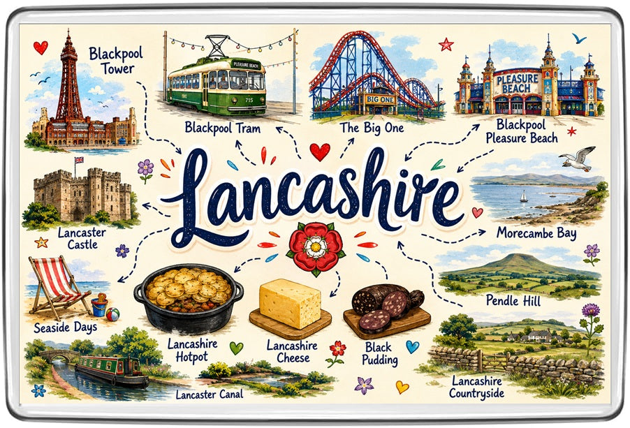 Lancashire illustrated map fridge magnet with Blackpool Tower and tram, Pleasure Beach, Lancaster Castle, Morecambe Bay, Pendle Hill, hotpot, cheese and black pudding