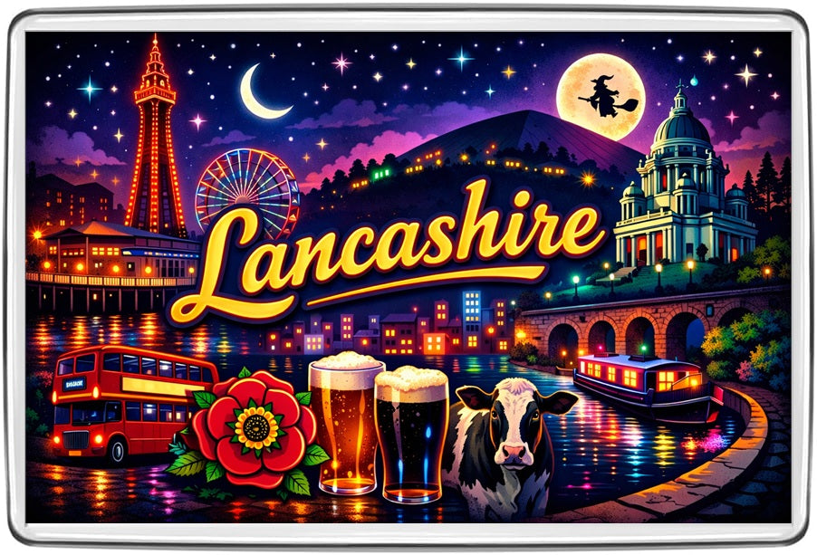 Lancashire neon fridge magnet with Blackpool Tower, fairground wheel, red rose, canal boat, bus and countryside cow