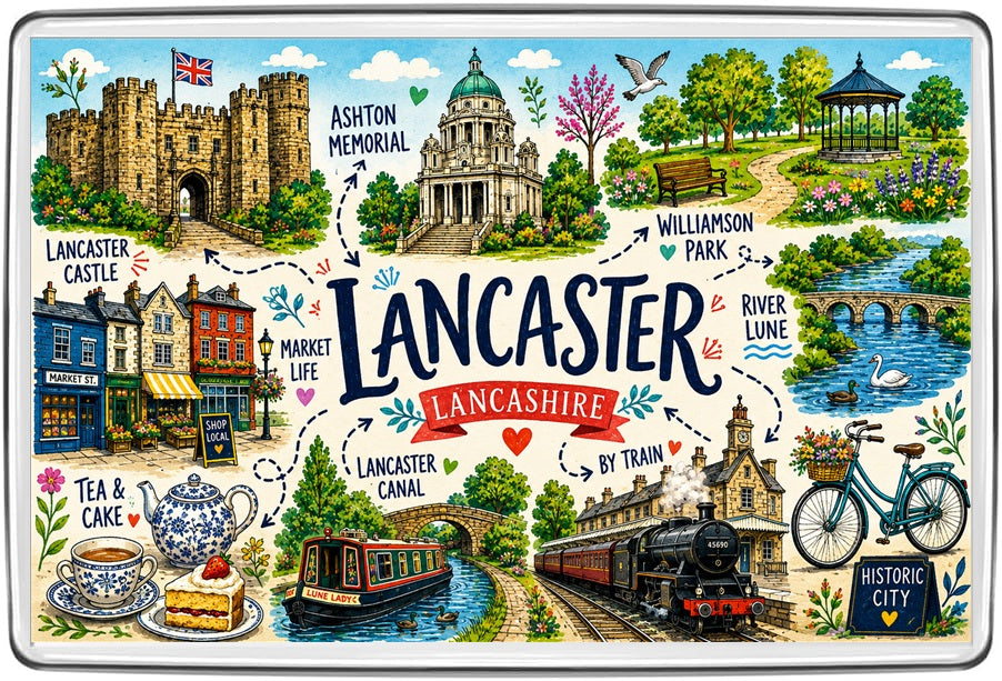 Lancaster Lancashire illustrated map magnet showing Lancaster Castle and Ashton Memorial