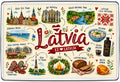 Latvia illustrated map fridge magnet showing Riga, Jūrmala Beach, Gauja National Park and folk traditions