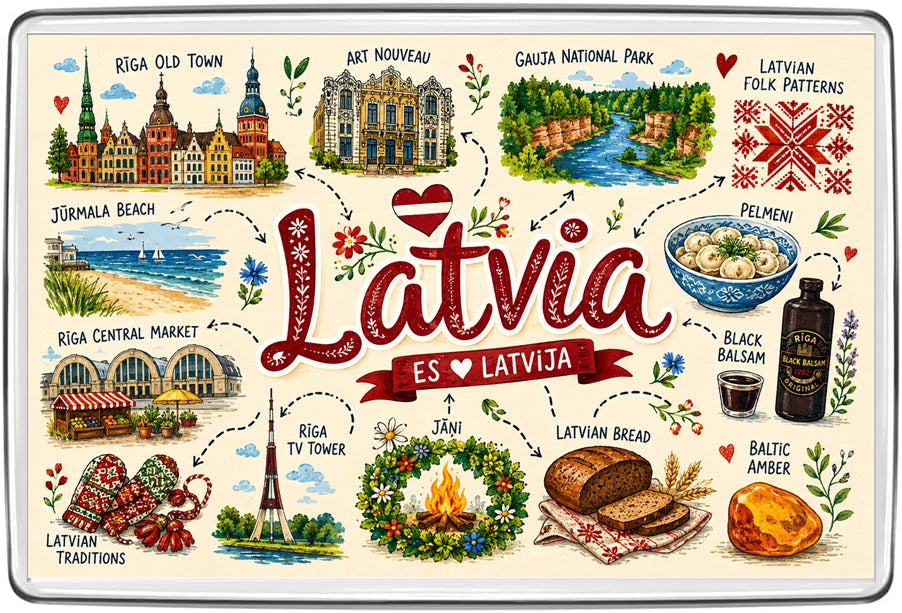 Latvia illustrated map fridge magnet showing Riga, Jūrmala Beach, Gauja National Park and folk traditions
