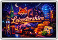 Leicestershire neon fridge magnet with fox, medieval knight, historic railway, Melton Mowbray pork pies and cheese