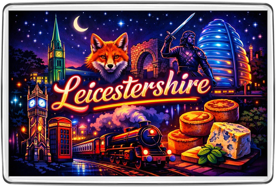 Leicestershire neon fridge magnet with fox, medieval knight, historic railway, Melton Mowbray pork pies and cheese