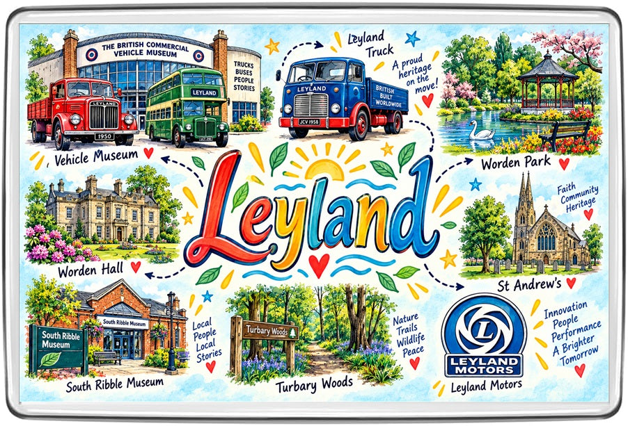 Leyland Lancashire illustrated map showing British Commercial Vehicle Museum, Leyland trucks, Worden Park, Worden Hall, St Andrew’s Church and Turbary Woods