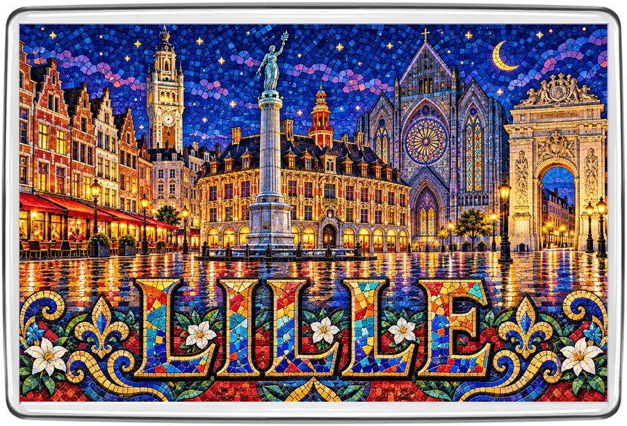 Lille France night mosaic fridge magnet with historic Grand Place architecture