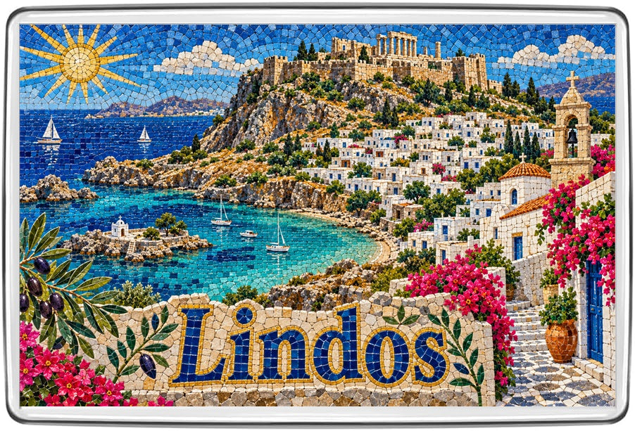 Lindos Rhodes Greece mosaic fridge magnet with Acropolis, whitewashed village and blue bay