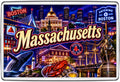 Massachusetts neon fridge magnet with Boston State House, Paul Revere, USS Constitution, lobster and whale