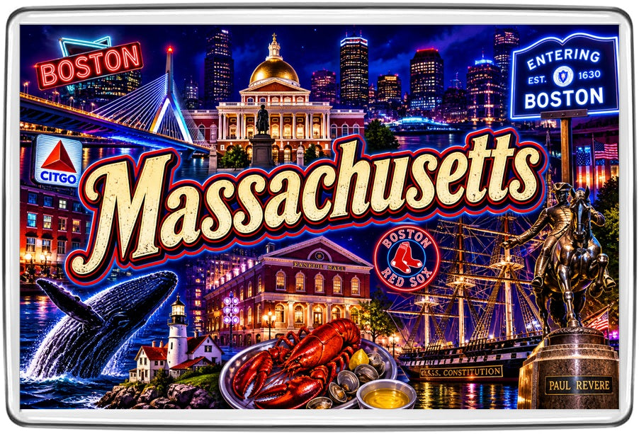 Massachusetts neon fridge magnet with Boston State House, Paul Revere, USS Constitution, lobster and whale