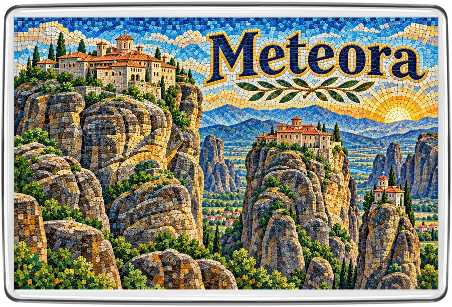 Meteora Greece mosaic fridge magnet featuring monasteries perched on immense sandstone rock formations