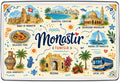 Monastir Tunisia illustrated map fridge magnet with Ribat, Bourguiba Mausoleum, beach and marina