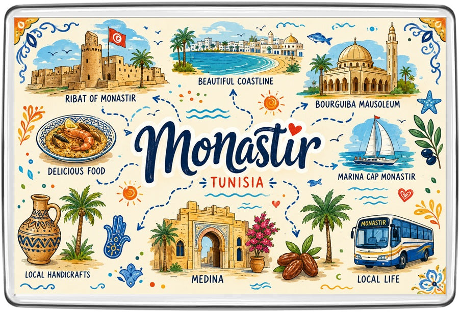 Monastir Tunisia illustrated map fridge magnet with Ribat, Bourguiba Mausoleum, beach and marina