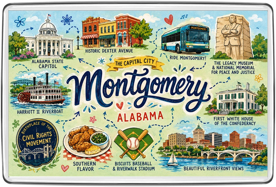 Montgomery Alabama illustrated map fridge magnet with Alabama State Capitol, Dexter Avenue, Civil Rights memorial and riverfront