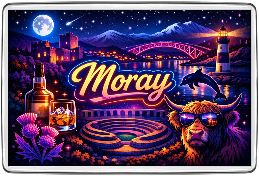 Moray colourful night-time neon mosaic fridge magnet artwork