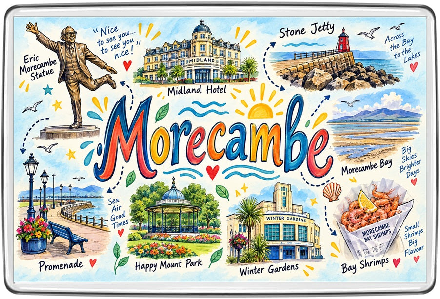 Morecambe illustrated map featuring the Eric Morecambe statue, Midland Hotel, Stone Jetty, promenade, Happy Mount Park, Winter Gardens and bay shrimps