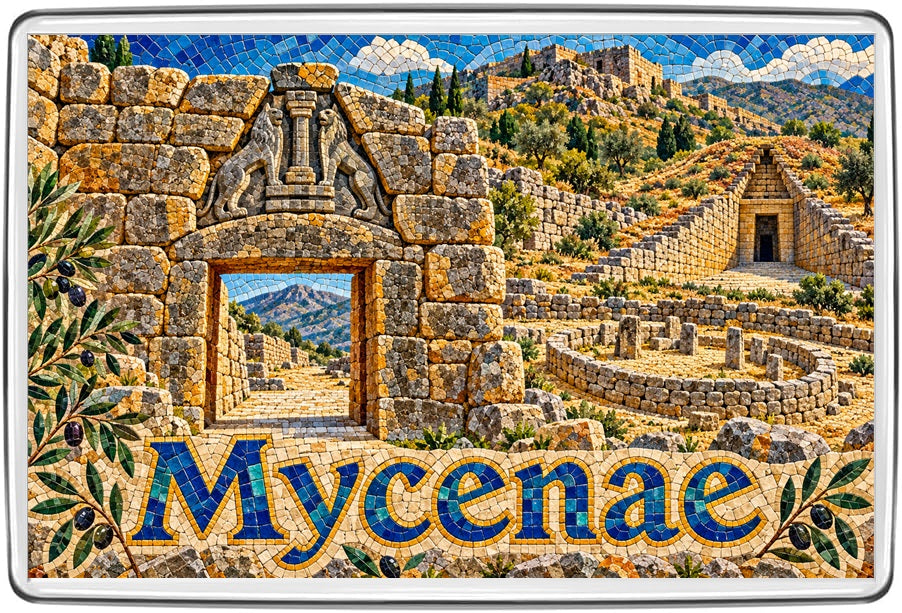 Mycenae Greece mosaic fridge magnet showing the Lion Gate, ancient stone walls and archaeological ruins